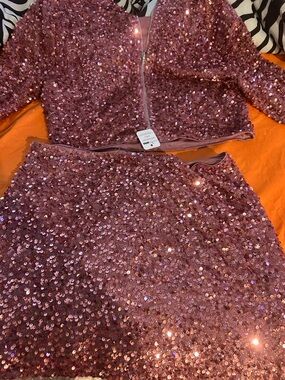 Fashion Nova Rose Pink Sequin Crop Jacket & Skirt Set